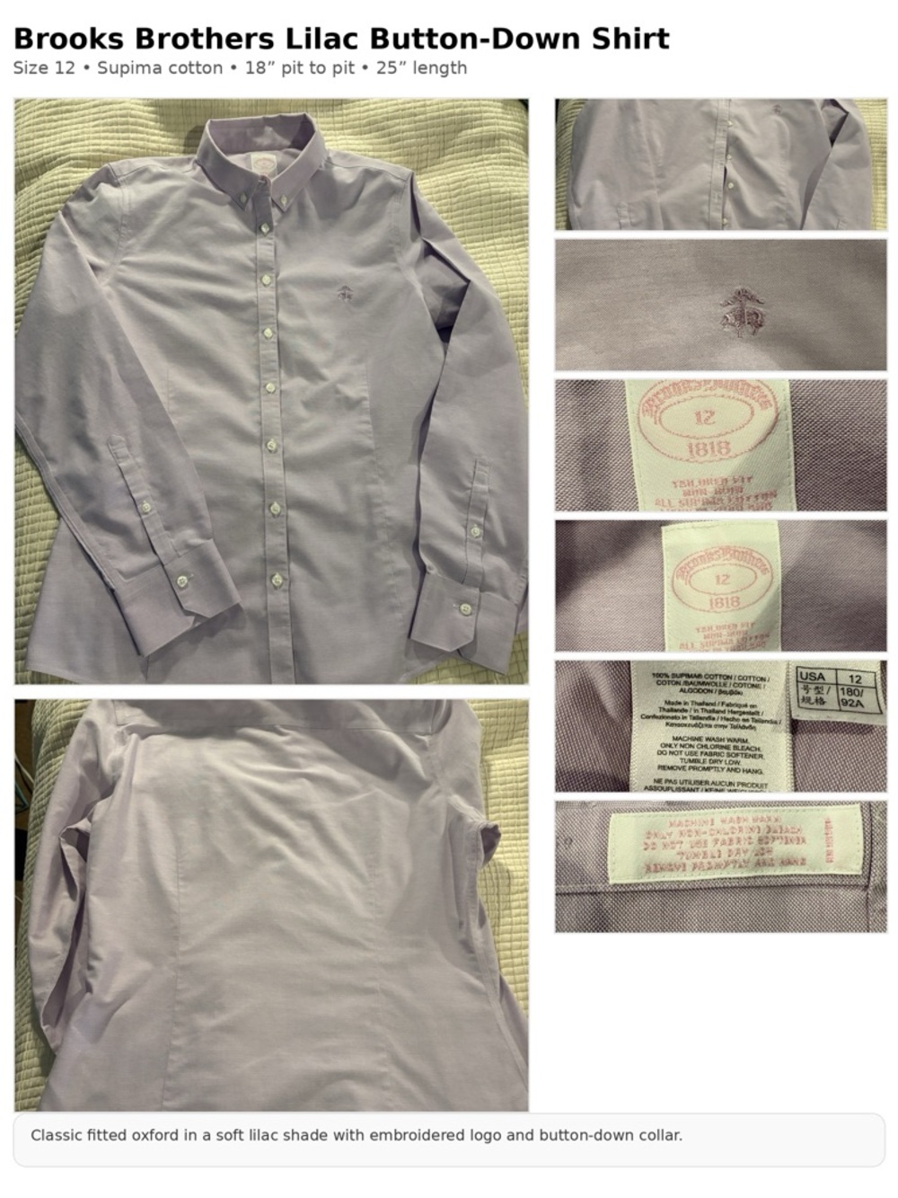 Brooks Brothers Lilac Supima Cotton Button Down Shirt 12